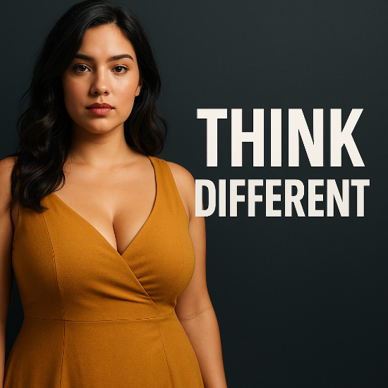 Frau mit dunklen Haaren in senfgelbem Kleid blickt ernst in die Kamera vor dunklem Hintergrund mit Text „THINK DIFFERENT“.