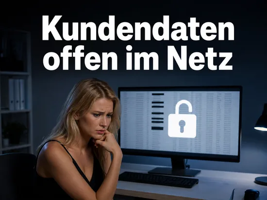 Frau am Rechner vor einer offenen Kundendatenbank mit Schloss-Symbol: Kundendaten waren frei abrufbar