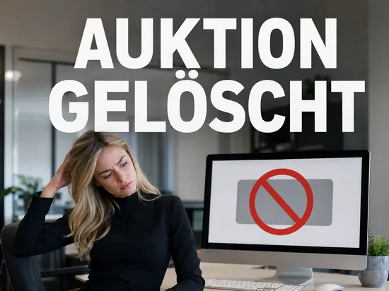 Blonde Frau schuettelt den Kopf vor Monitor mit entferntem Auktionsangebot und Verbotszeichen, Schriftzug Auktion geloescht