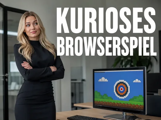 Blonde Frau blickt skeptisch auf Monitor mit einfachem Pixel-Browserspiel, Schriftzug Kurioses Browserspiel