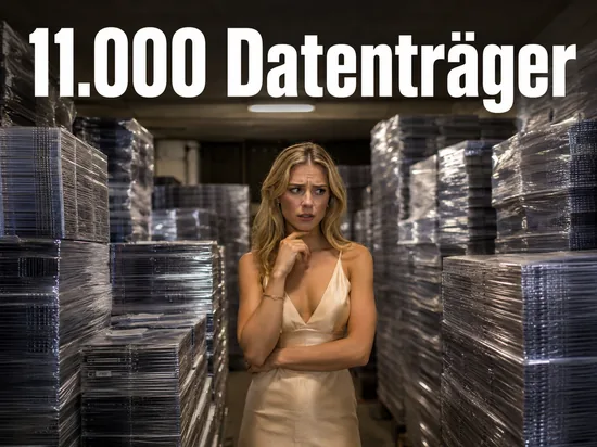 Frau zwischen deckenhohen Stapeln verpackter CDs und DVDs: Ladendieb stahl ueber 11.000 Datentraeger