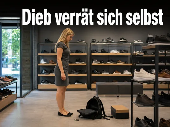 Frau in einem Schuhgeschaeft vor einem zurueckgelassenen Rucksack mit USB-Stick: Dieb verriet sich selbst
