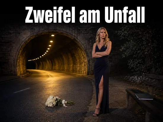 Frau nachts vor einem Strassentunnel mit weissem Blumenstrauss und Ermittlungsakte: neue Zweifel am Unfalltod von Lady Diana