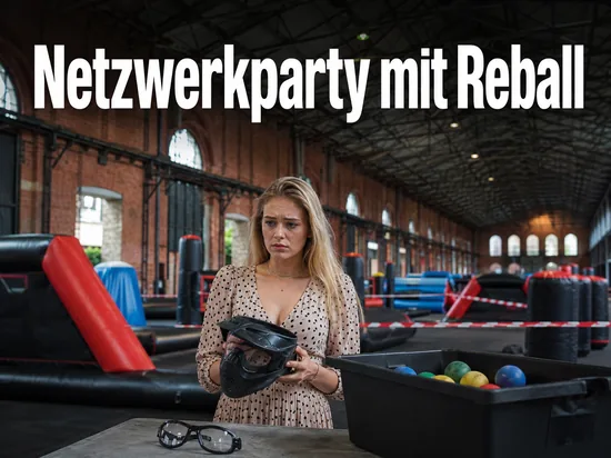 Frau mit Schutzmaske vor einem Reball-Spielfeld in einer Bahnhofshalle, Schriftzug Netzwerkparty mit Reball
