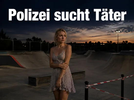 Frau an einer leeren Skateranlage in der Daemmerung mit Absperrband: Polizei sucht die Taeter