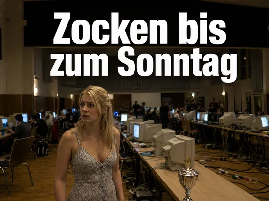 Frau in einem Saal voller Computerarbeitsplaetze mit Pokal, Schriftzug Zocken bis zum Sonntag