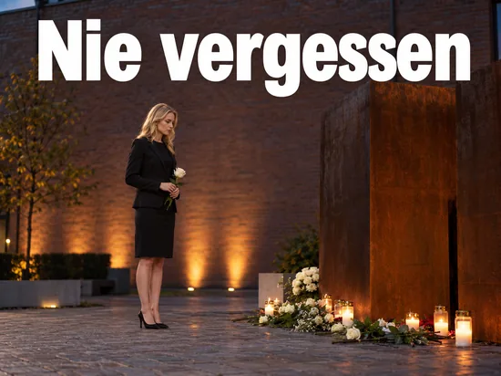 Frau in dunklem Kostüm mit einer weißen Rose vor einer schlichten Gedenkstelle aus rostigem Stahl mit Rosen und Kerzen, darüber der Schriftzug Nie vergessen