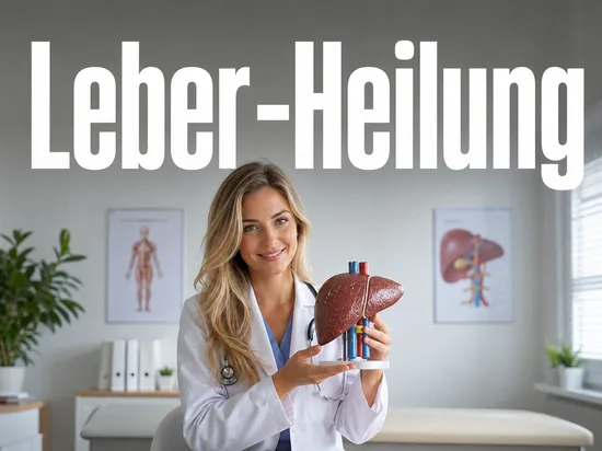 Junge blonde Aerztin haelt hoffnungsvoll ein anatomisches Lebermodell als Symbol fuer die Heilung von Leberzirrhose