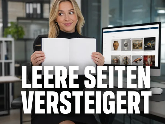 Blonde Frau haelt ein Buch mit leeren Seiten vor Monitor mit Auktionsseite, Schriftzug Leere Seiten versteigert