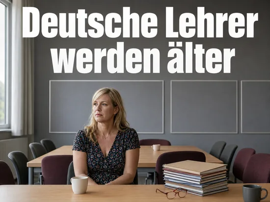 Lehrerin im Lehrerzimmer mit Heftstapel und Kaffeetasse