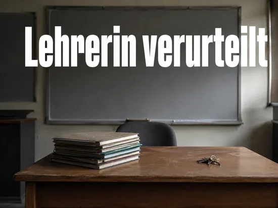 Leeres Lehrerpult mit Heftstapel und Schluesselbund vor einer Tafel