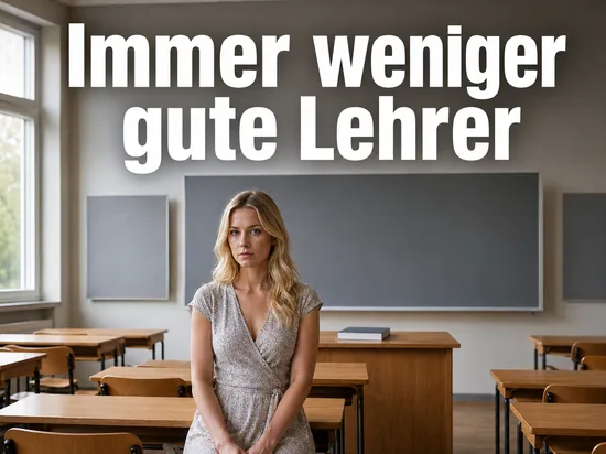 Lehrerin in einem leeren Klassenzimmer vor einer leeren Tafel