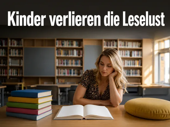Frau mit aufgeschlagenem Buch in einer Schulbücherei
