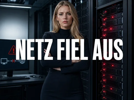 Blonde Geschaeftsfrau im Serverraum mit rot leuchtenden Statuslampen und Warnsymbol, Schriftzug Netz fiel aus