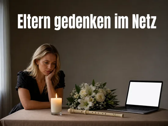 Frau an einem Tisch mit Kerze, weissen Blumen und Floete, Schriftzug Eltern gedenken im Netz