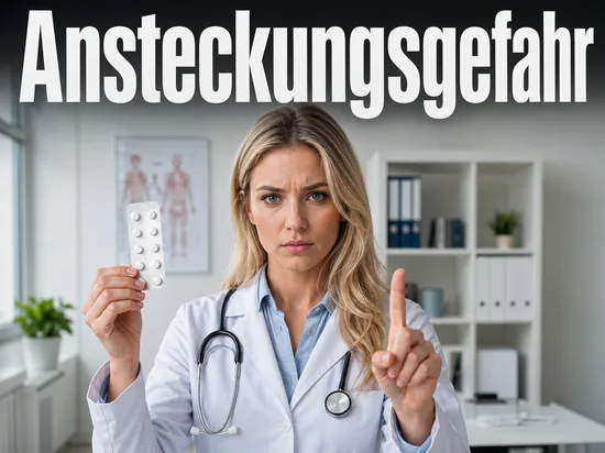 Junge blonde Aerztin mit ernstem Gesichtsausdruck haelt Antibiotika als Symbol fuer eine neue Geschlechtskrankheit