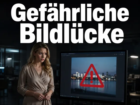Besorgte Geschaeftsfrau vor einem Monitor mit Bildbetrachter und rotem Warndreieck als Symbol fuer die Sicherheitsluecke in der Grafik-Bibliothek libtiff