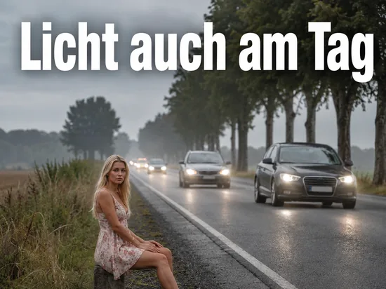 Landstraße mit entgegenkommenden Autos, die am Tag mit Abblendlicht fahren