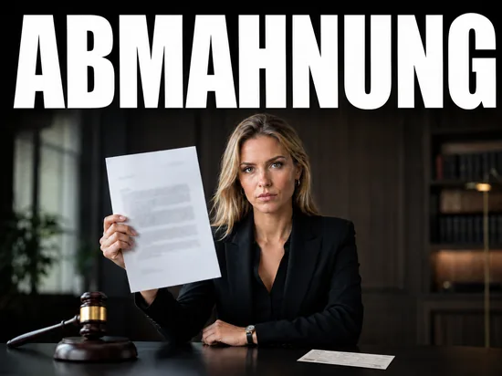 Ernste blonde Geschaeftsfrau mit amtlichem Abmahnschreiben, Richterhammer und Bahnticket, Symbolbild wettbewerbsrechtliche Abmahnung wegen Bahnticket-Werbung