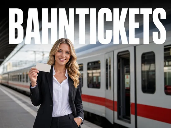 Laechelnde blonde Frau mit neutralem Bahnticket vor einem modernen Zug am Bahnsteig, Symbolbild guenstige Bahntickets aus dem Discounter