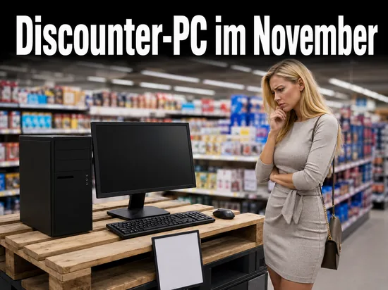 Frau vor einem Komplett-PC auf einer Palette im Discounter, Schriftzug Discounter-PC im November