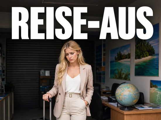 Besorgte blonde Frau mit Koffer im geschlossenen Reisebuero, Symbolbild Aus fuer einen Reiseanbieter