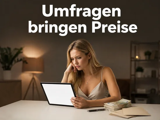 Frau am Tablet mit leerem Fragebogen neben Geldscheinen, Schriftzug Umfragen bringen Preise