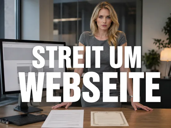 Geschaeftsfrau zwischen Monitor mit Webseite und Schreibtisch mit amtlichem Schreiben und Gutschein