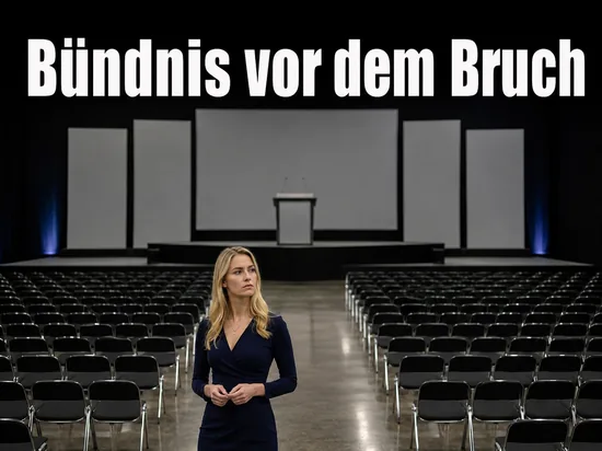 Frau steht in einem leeren Parteitagssaal zwischen zwei getrennten Stuhlbloecken