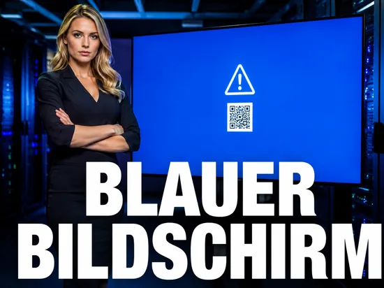 Geschaeftsfrau im Serverraum vor einem blau leuchtenden Monitor mit Warnsymbol und QR-Code als Symbol fuer einen Systemabsturz