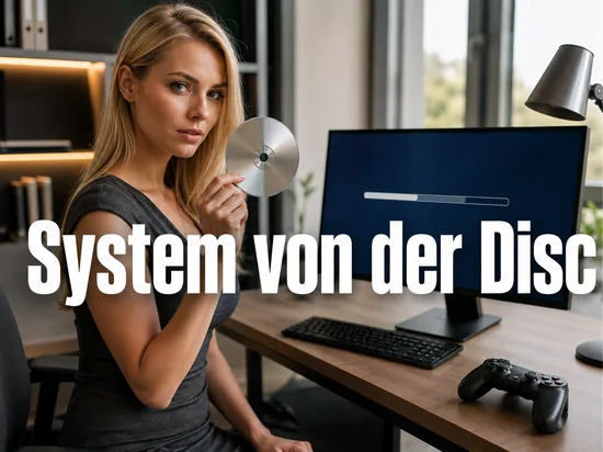 Geschaeftsfrau haelt eine Disc vor einen Monitor mit Startbildschirm und Ladebalken, daneben ein Spiele-Controller als Symbol fuer ein von CD startendes Betriebssystem