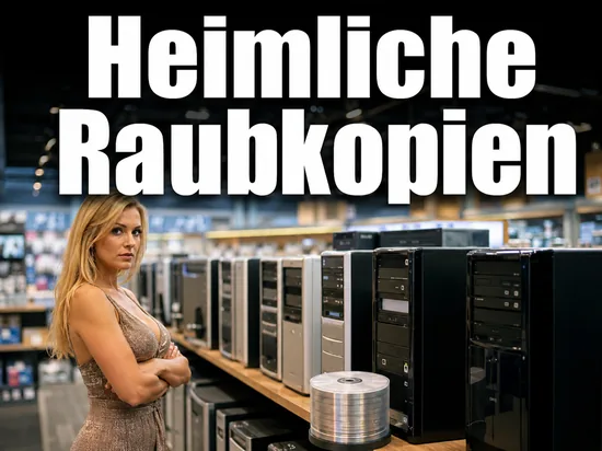 Geschaeftsfrau vor einer Reihe von Desktop-Rechnern und einem Stapel CD-Rohlinge als Symbol fuer heimlich installierte Windows-Raubkopien auf Linux-PCs