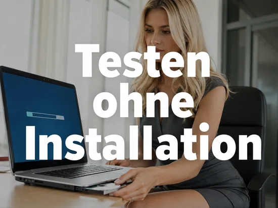 Geschaeftsfrau schiebt eine Disc in ein Notebook mit Startbildschirm und Ladebalken als Symbol fuer ein Betriebssystem das sich ohne Installation testen laesst