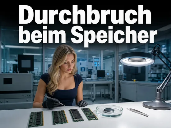 Speichermodule und fluessiges Metall auf einem Labortisch