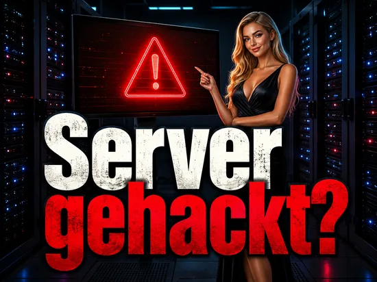 Frau vor Server-Racks mit rotem Warnsymbol auf dem Monitor
