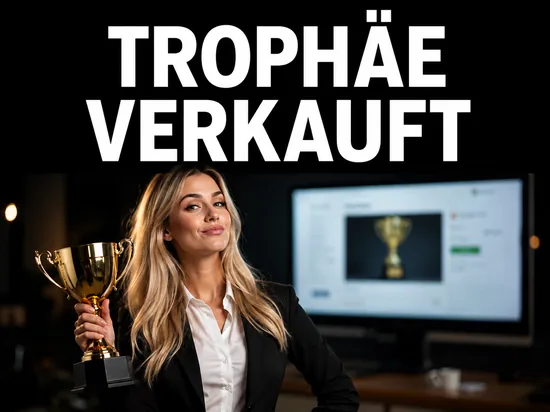 Blonde Geschaeftsfrau haelt goldene Trophaee vor Auktions-Bildschirm, Schriftzug Trophaee verkauft