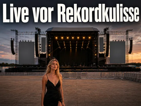 Leere Open-Air-Buehne bei Abendlicht vor leerem Publikumsfeld