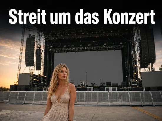 Frau vor einer großen Open-Air-Konzertbühne mit Lautsprechertürmen und leerer Leinwand, Schriftzug Streit um das Konzert