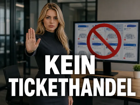 Blonde Geschaeftsfrau hebt abwehrend die Hand vor Monitor mit gesperrten Ticketangeboten, Schriftzug Kein Tickethandel