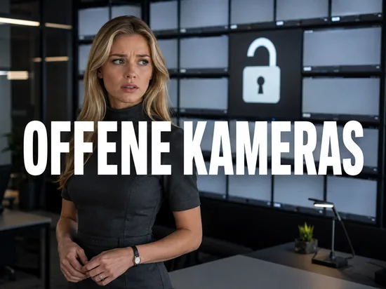 Blonde Frau vor Monitorwand mit leeren Kamerabildern und geoeffnetem Schloss, Schriftzug Offene Kameras