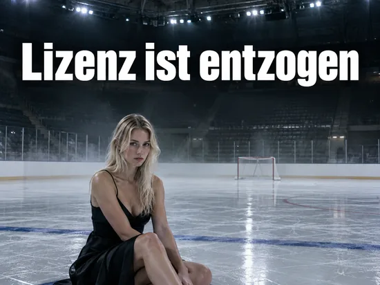 Leere Eishockeyhalle mit spiegelnder Eisfläche und Tor
