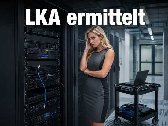 Frau in einem Serverraum an einem Rack mit abgezogenem Netzwerkkabel: LKA ermittelt wegen Spam-Mails