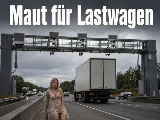 Mautbrücke über einer Autobahn mit einem darunter fahrenden Lastwagen