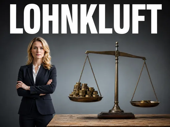 Ernste blonde Geschaeftsfrau neben einer Balkenwaage mit ungleich verteilten Euro-Muenzen, Symbolbild Lohnluecke zwischen Maennern und Frauen