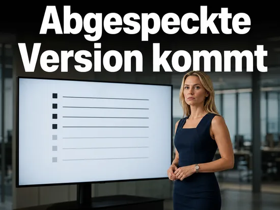 Geschaeftsfrau vor einem Bildschirm mit teilweise ausgegrauter Funktionsliste als Symbol fuer die abgespeckte Version von Windows Longhorn