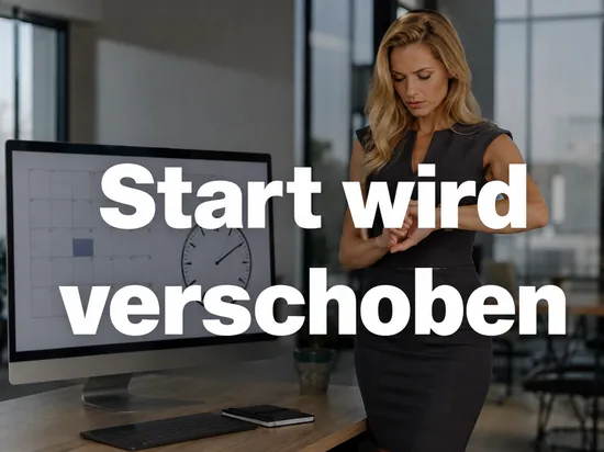 Geschaeftsfrau blickt auf ihre Armbanduhr neben einem Monitor mit Kalender und Uhr als Symbol fuer die Verzoegerung einer Windows-Beta