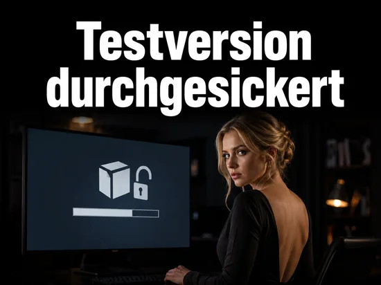 Geschaeftsfrau im dunklen Zimmer vor einem Monitor mit Datenpaket und offenem Schloss als Symbol fuer den ins Netz gelangten Longhorn-Build