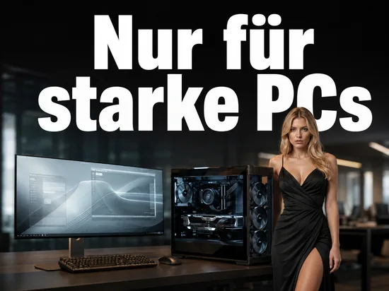 Geschaeftsfrau neben einem leistungsstarken Rechner mit glaenzender Benutzeroberflaeche als Symbol fuer die neue Longhorn-Oberflaeche nur fuer schnelle PCs