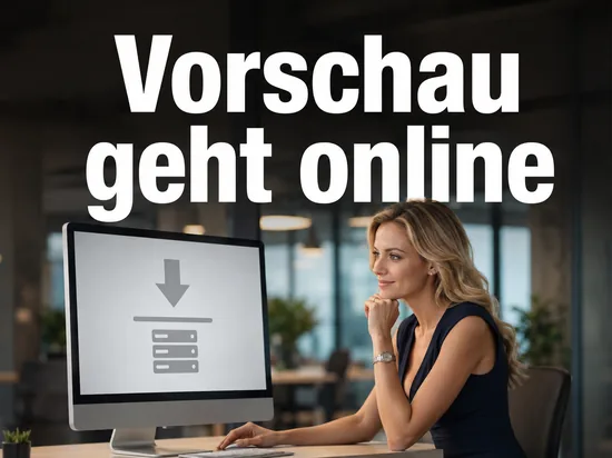 Geschaeftsfrau vor einem Monitor mit Downloadseite und Serversymbol als Symbol fuer die Veroeffentlichung der Longhorn-Vorschau im Netz