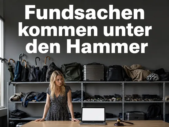 Frau vor einem Fundbuero-Regal mit Laptop und Auktionshammer, Schriftzug Fundsachen kommen unter den Hammer